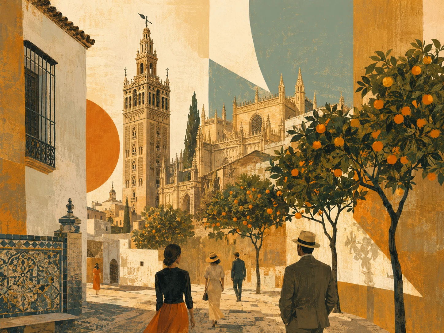 Seville street with orange trees, cathedral and Giralda tower