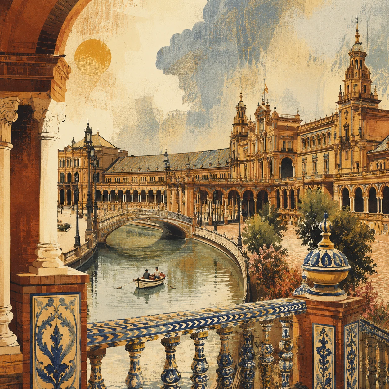 Seville's Plaza de España with its canal, bridge and tiled balustrade