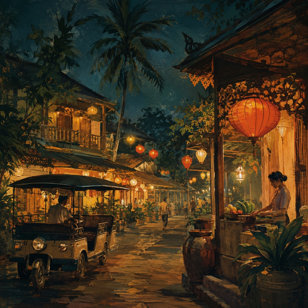 A warm evening street in Siem Reap with lanterns, a tuk-tuk and market stalls