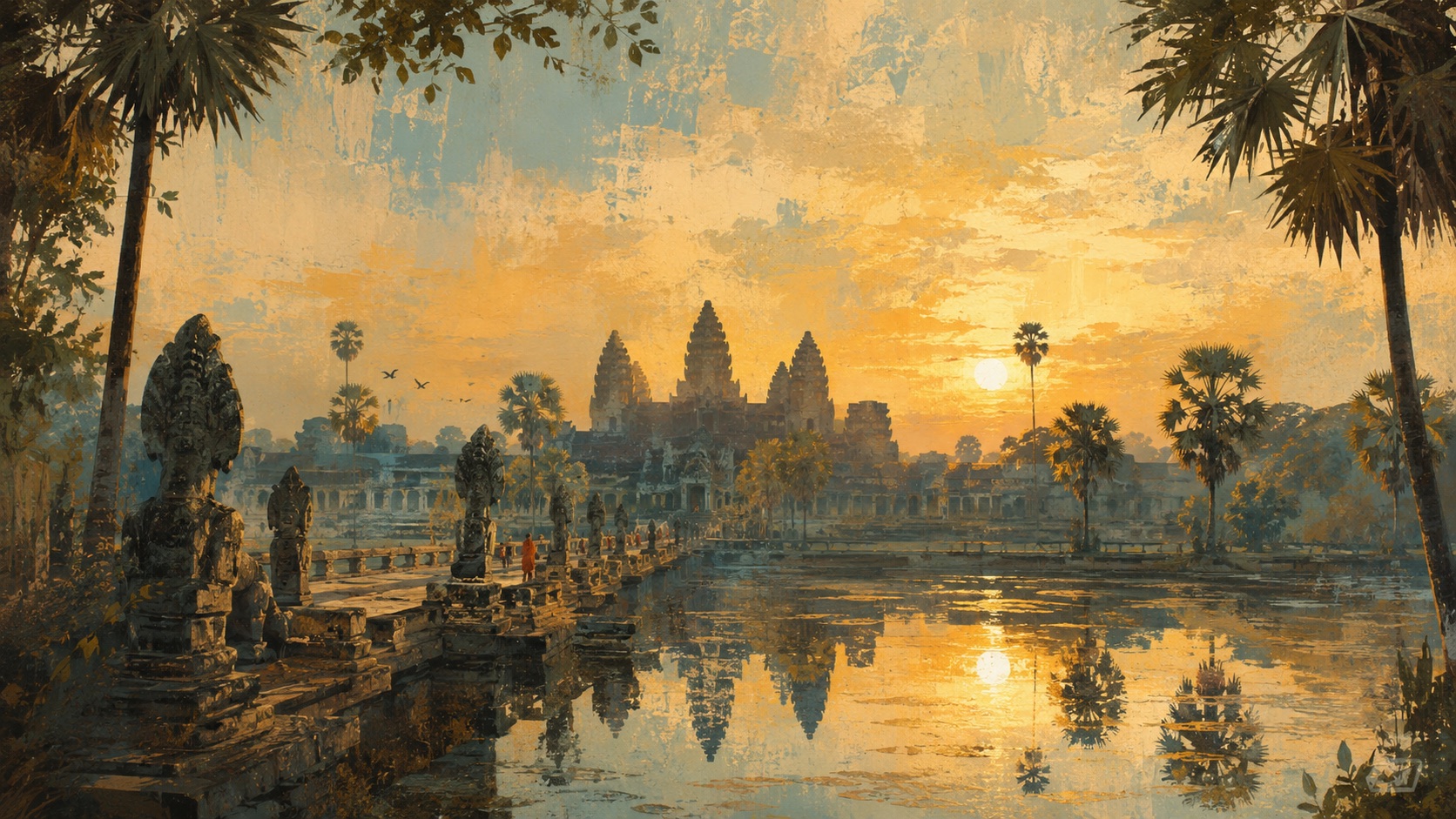 Angkor Wat reflected in its pools at sunrise outside Siem Reap