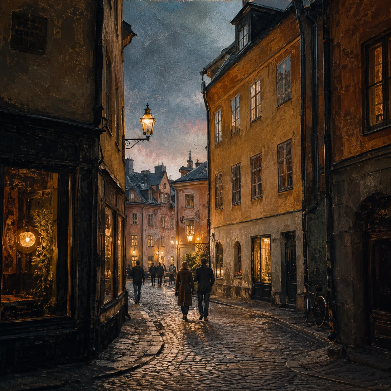 Stockholm old-town lane with warm shop windows and wet cobblestones
