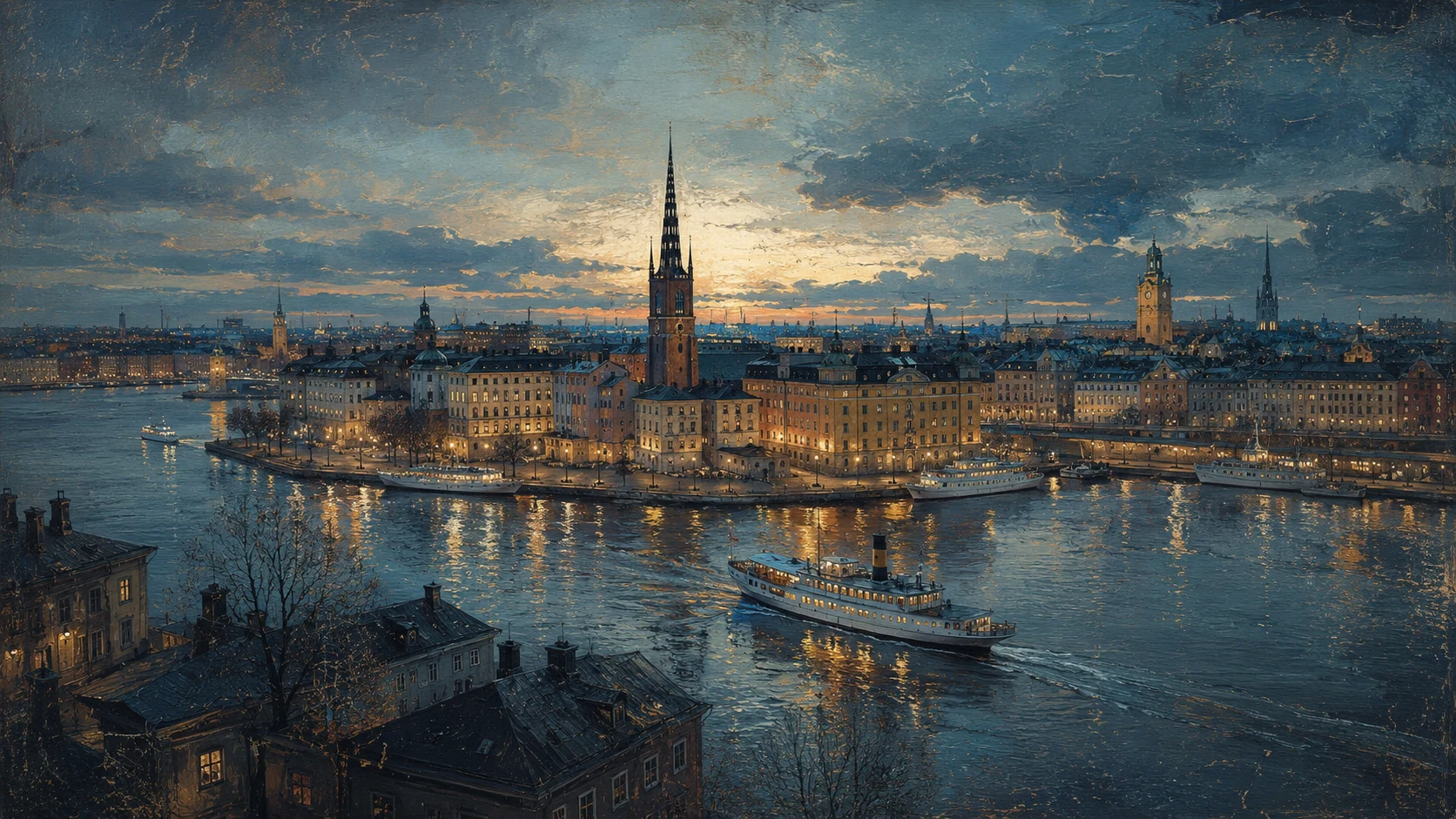 Stockholm waterfront and illuminated old city seen across the harbor at dusk