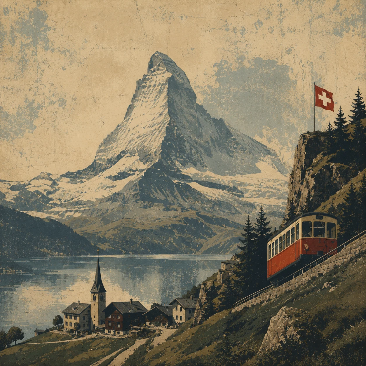 Matterhorn landscape with a Swiss mountain railway and lakeside village