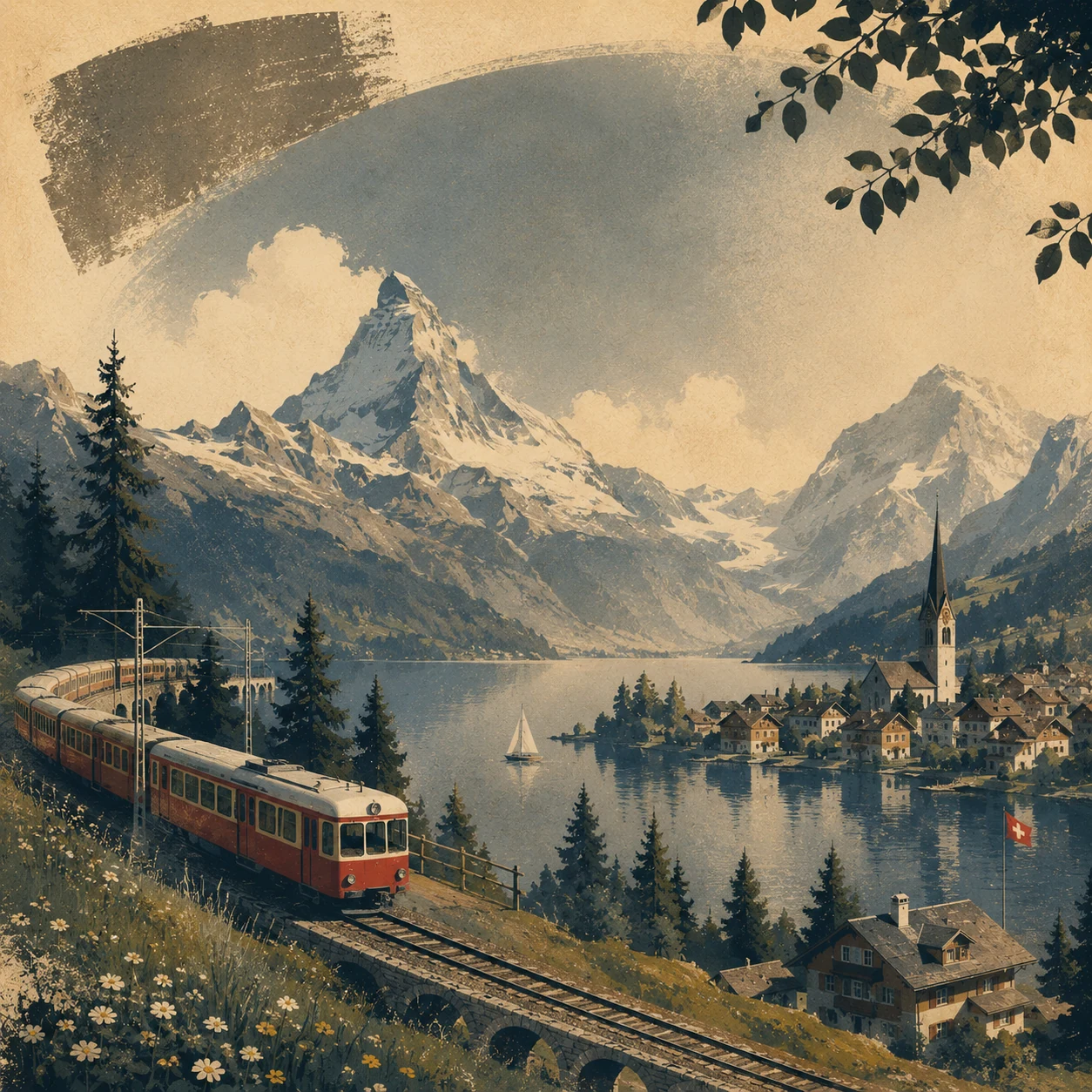 Swiss mountain and lakeside village landscape with a red train