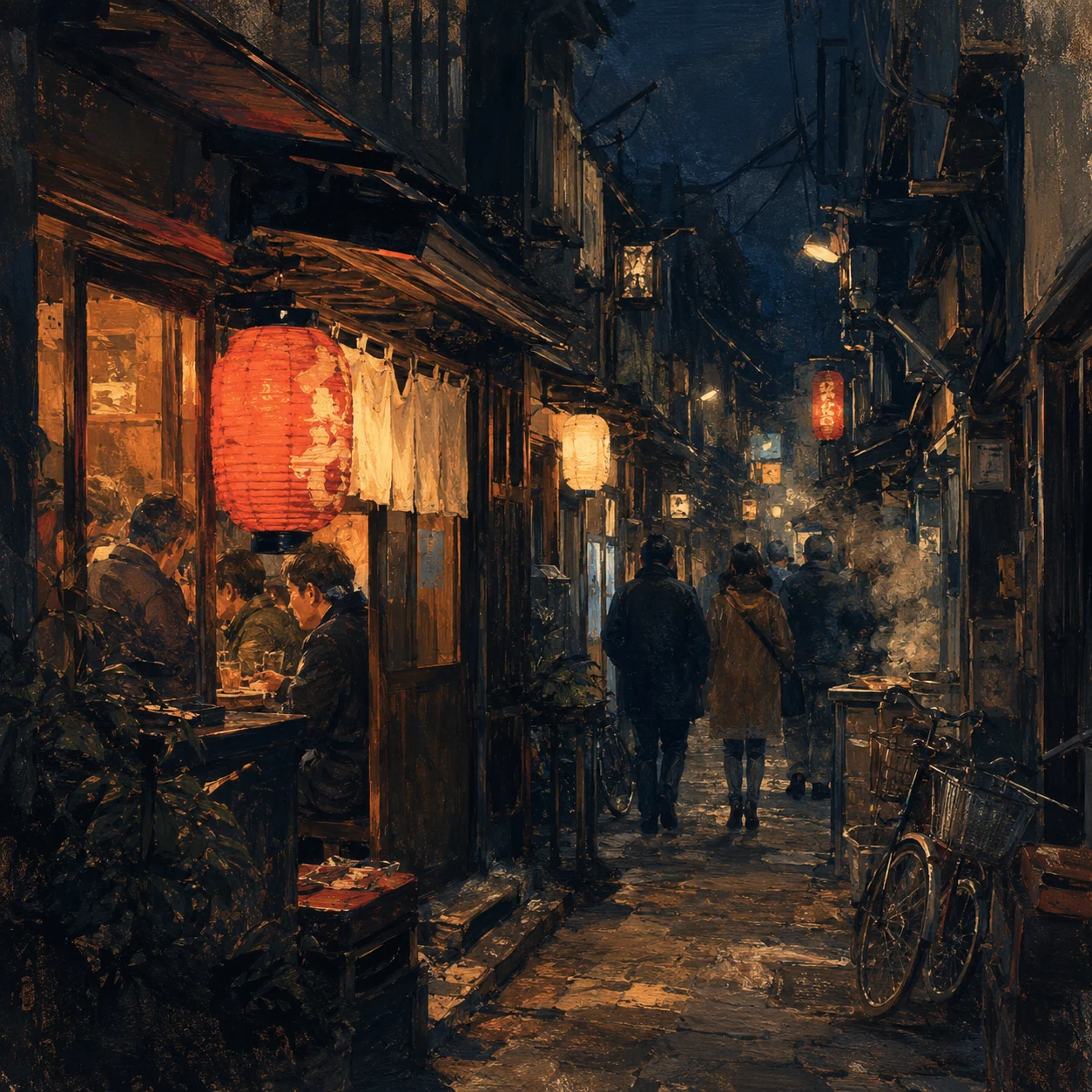 Narrow Tokyo alley at night with lanterns, small counters and bicycles