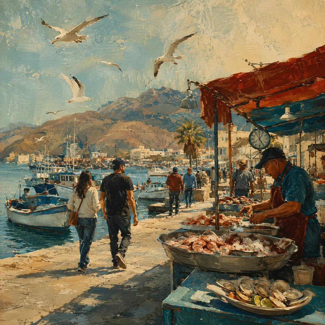 Ensenada waterfront with fishing boats, seafood counter and coastal hills
