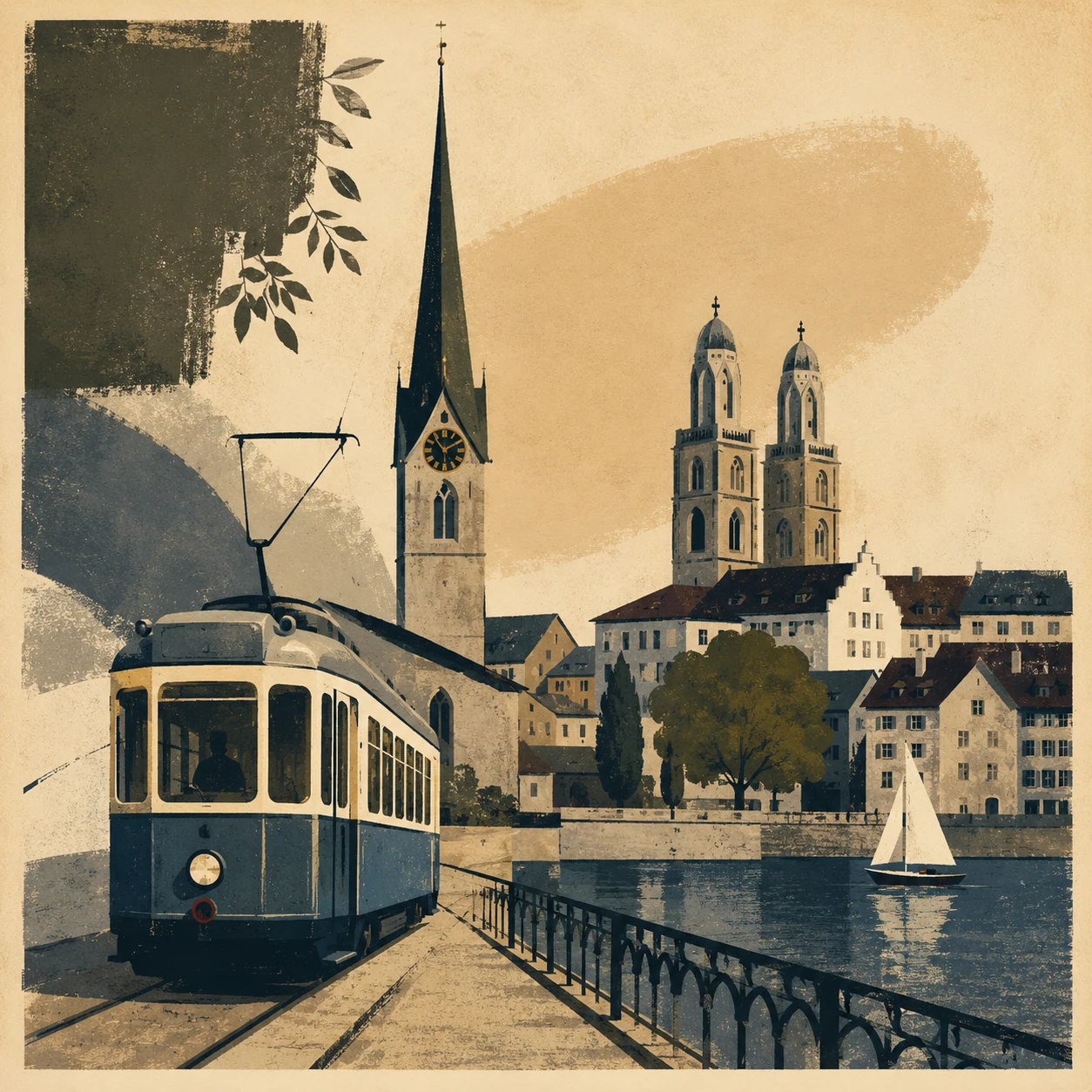 Zürich waterfront with a tram, church towers and a sailboat